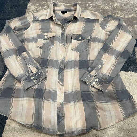 Torrid Button Down Up Womens Collar Long Sleeve Pink & Gray Plaid Size 00 - Picture 2 of 10